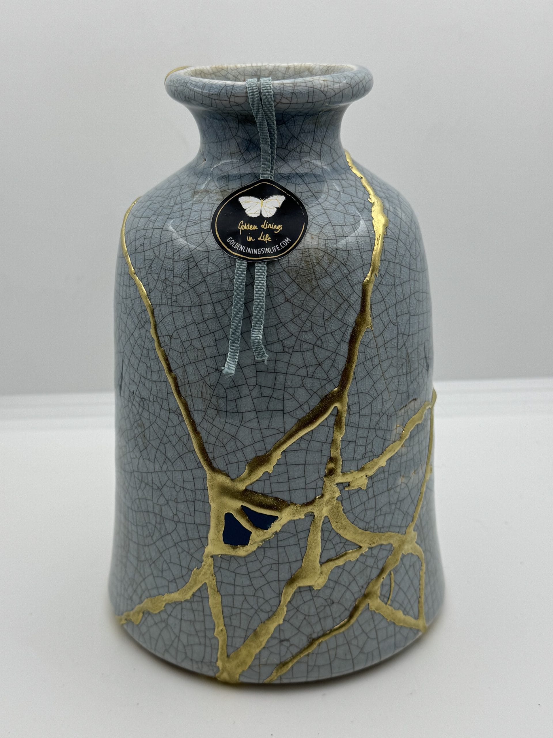 Kintsugi Urn – Unieke Handgemaakte Keramische Asurn | Blauw met Gouden Verbindingen | Wabi-Sabi Design | Betekenisvolle Herinnering