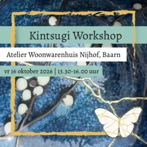 Kintsugi workshop in Baarn op 16 oktober 2026, blauwe keramiek schaal met gouden lijmlijnen en een witte vlinder