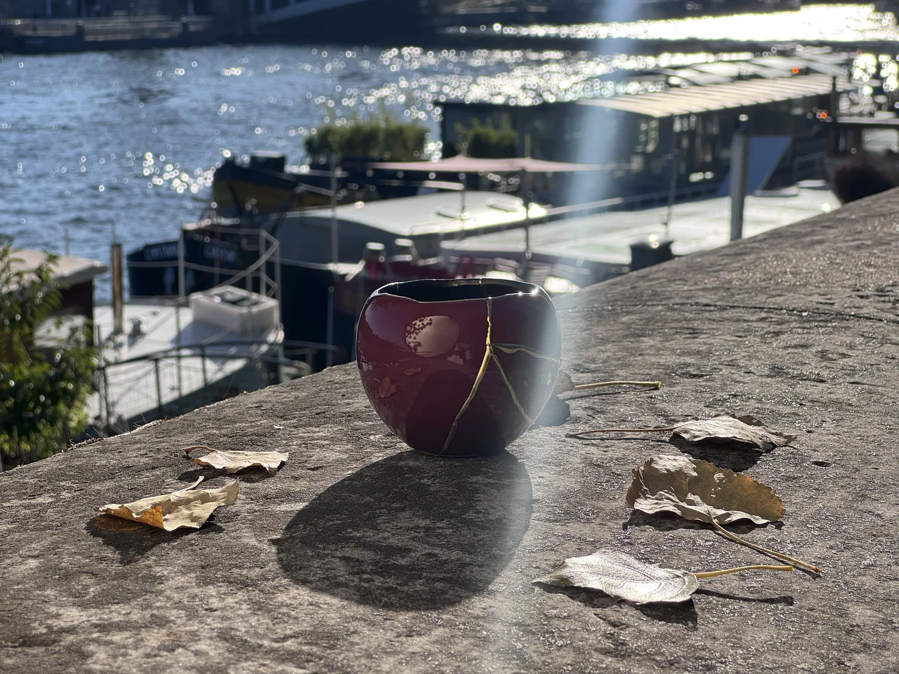 Rode Kintsugi kom met gouden breuklijnen en herfstbladeren aan de Seine in Parijs Rode Kintsugi kom met gouden breuklijnen en herfstbladeren aan de Seine in Parijs